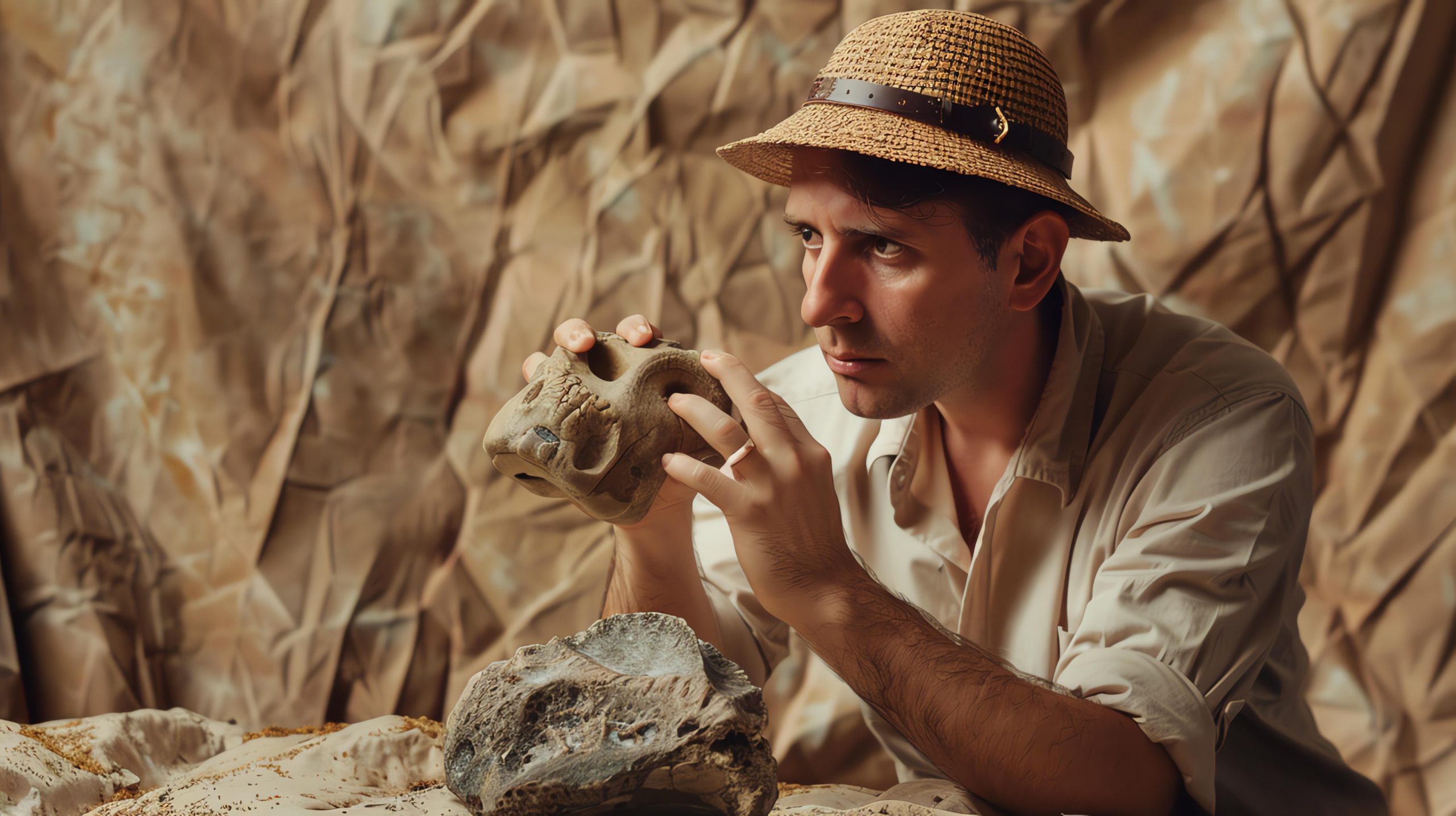 archaeologist carefully examines ancient skull his eyes filled with wonder curiosity scaled
