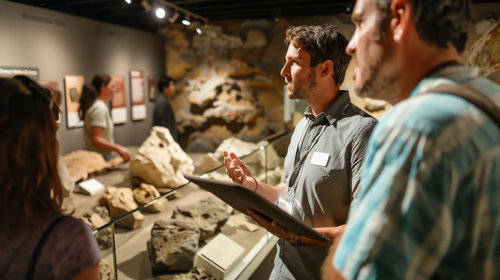 museum curator giving tour fossil exhibit group visitors scaled